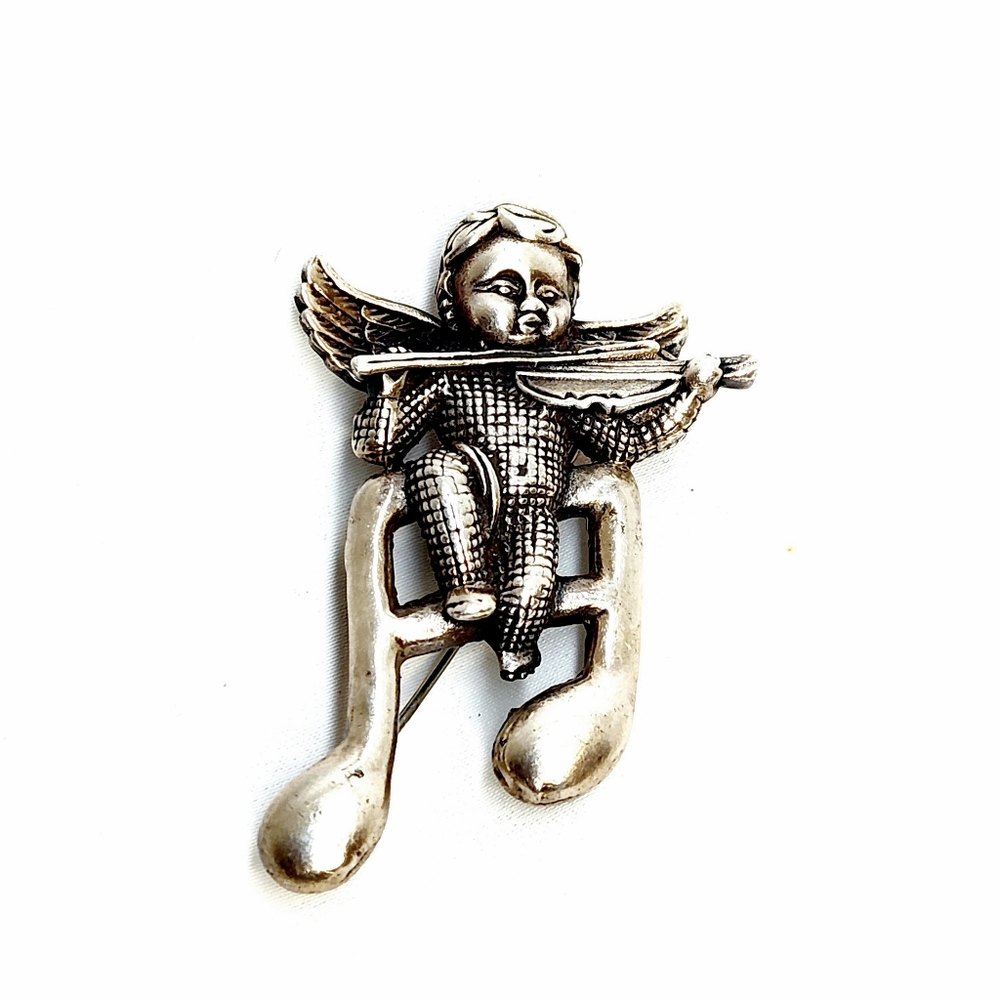 Large Vintage Sterling Silver Cherub Brooch/Pendant